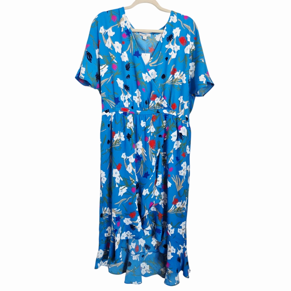 NWT J.Crew Mercantile Blue Short-Sleeve Floral Ruffle Midi Dress - Size Large - Picture 2 of 6
